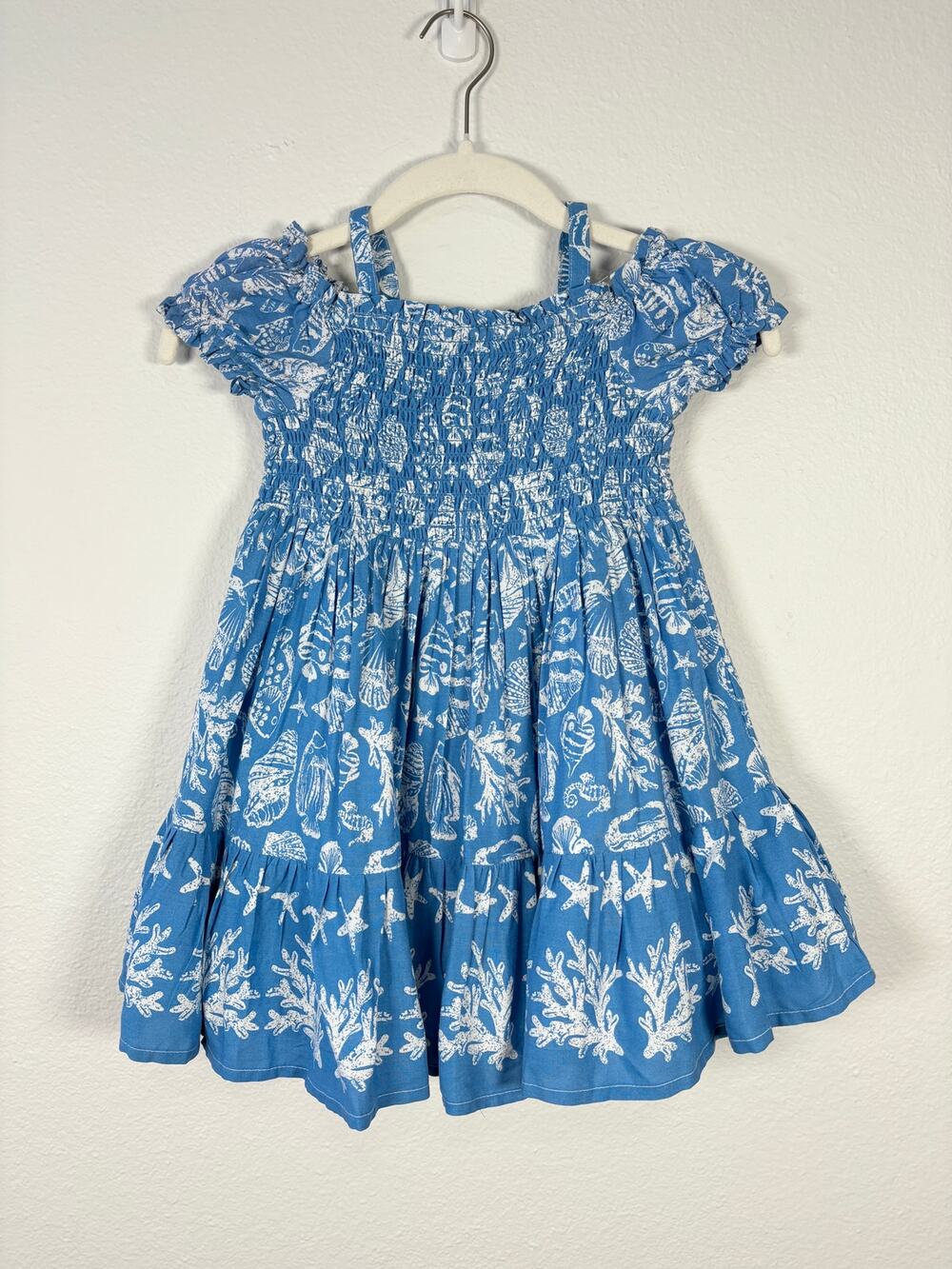 Girl's Toddler Blue Seashell Beach Print Cold Shoulder Fit and Flare Dress
